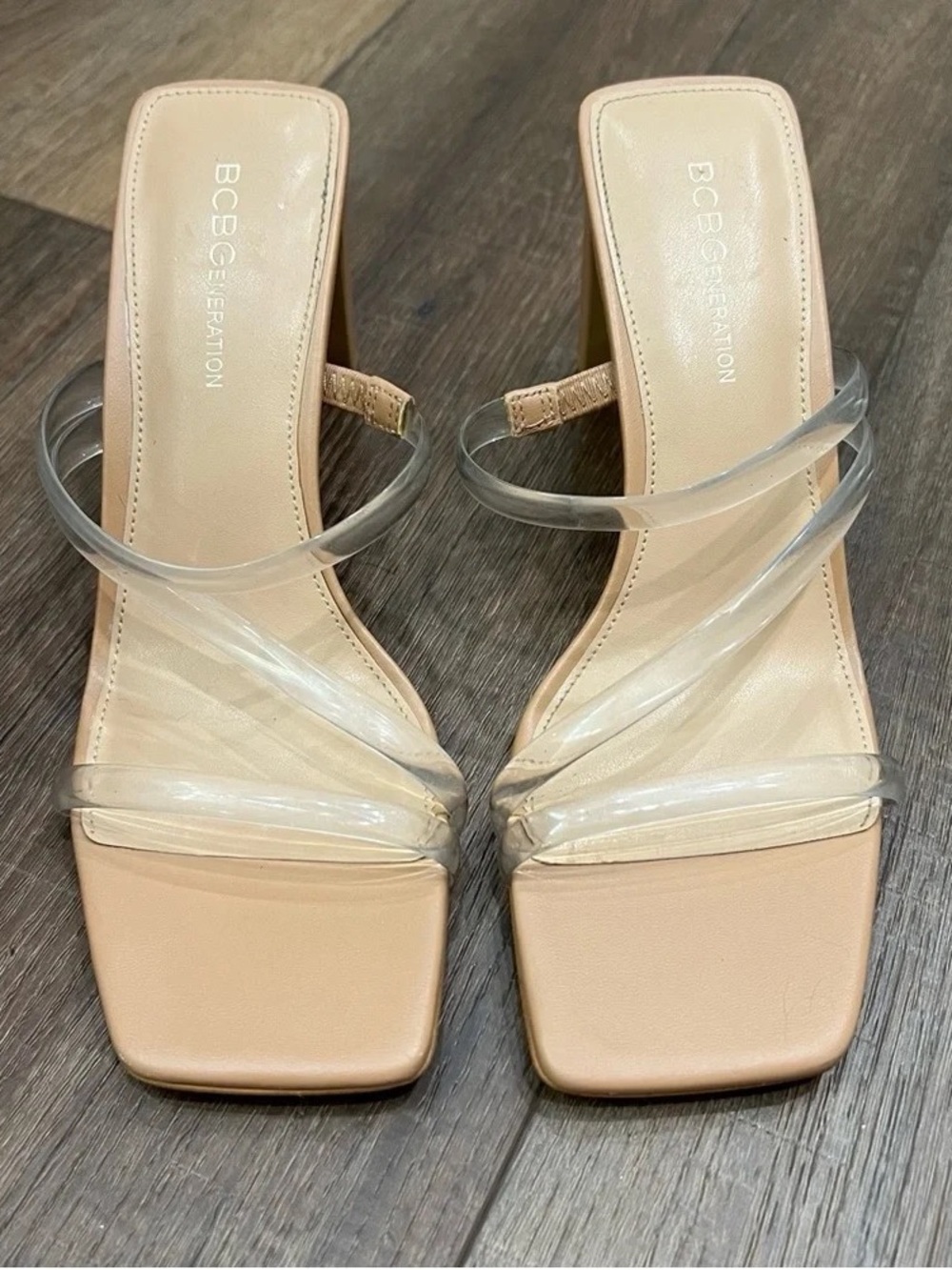BCBGeneration Nude Clear Strap Square Toe Heels